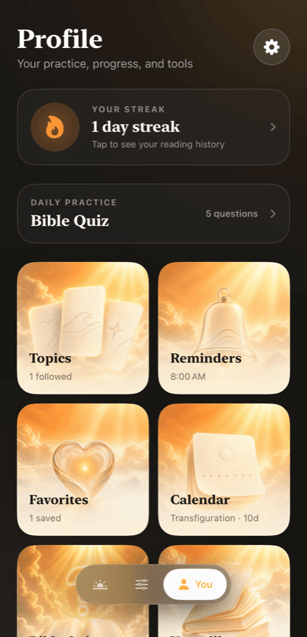 The You tab, showing streak, Bible Quiz, and practice tools