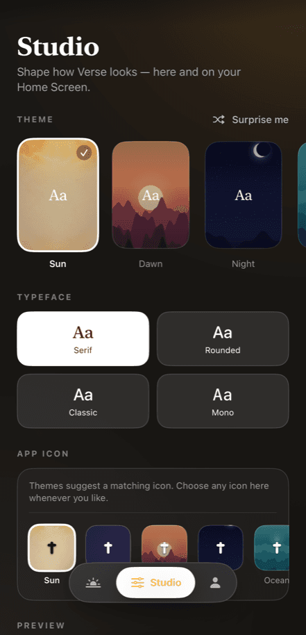 The Studio tab, choosing between Sun, Dawn, and Night themes