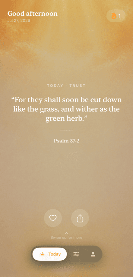 Verse showing today's chosen scripture over a living sunrise sky