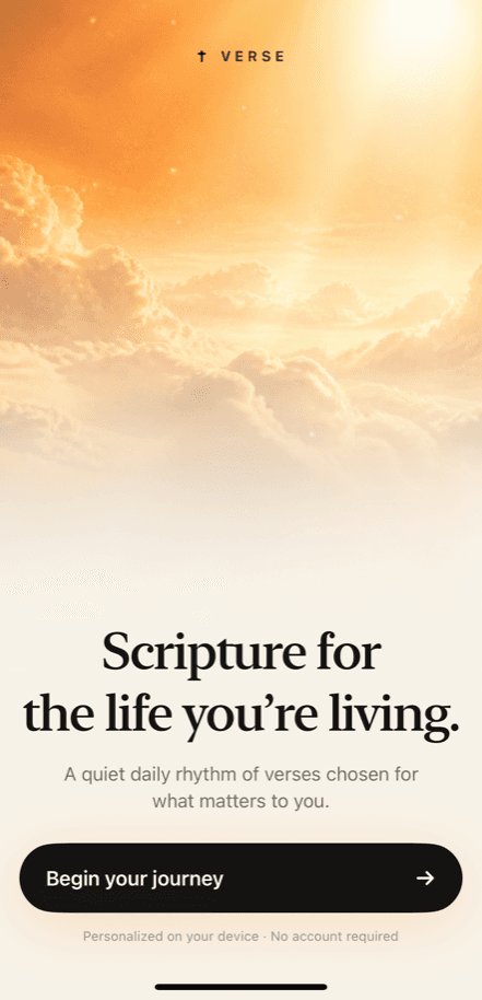 Verse's welcome screen, ready to begin without an account